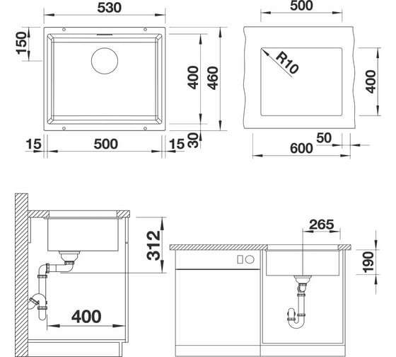 Кухонная мойка BLANCO SUBLINE 500 U SILGRANIT алюметаллик, с отводной арматурой InFino 523434