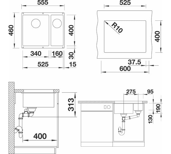 Кухонная мойка BLANCO SUBLINE 340 160 U SILGRANIT алюметаллик, чаша справа 523560