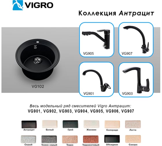 Мойка для кухни VIGRO из искусственного мрамора, (470х470х190) классическая круглая с глубокой чашей VG102 антрацит
