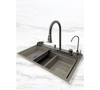 Кухонная мойка многофункциональная OUTE из нержавеющей стали 75х46 см со встроенным смесителем, краном питьевой воды и водопадом, с дуршлагом, омывателем стаканов и разд T87546Y-2