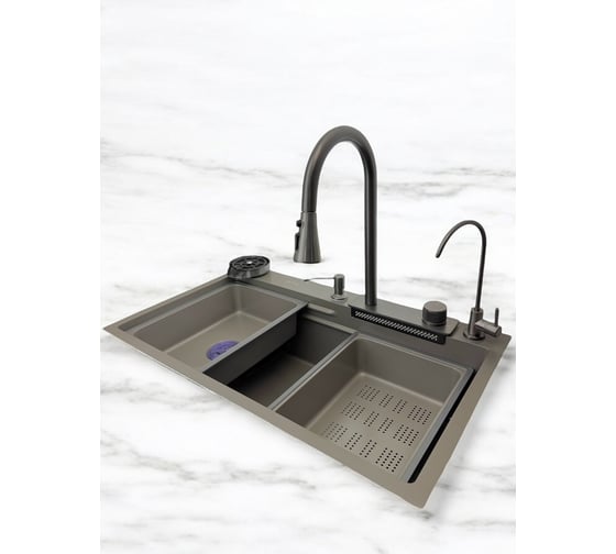 Кухонная мойка многофункциональная OUTE из нержавеющей стали 75х46 см со встроенным смесителем, краном питьевой воды и водопадом, с дуршлагом, омывателем стаканов и разд T87546Y-2 1