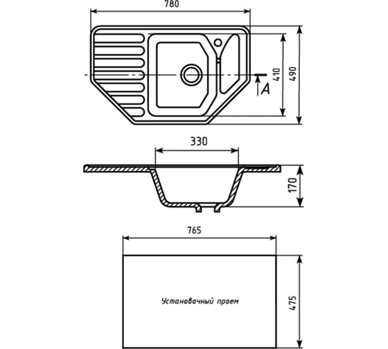 Мойка MIXLINE угловая с крылом, антрацит 343, 490x780x170 мм ML-GM24 547656
