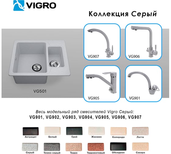 Мойка из искусственного мрамора VIGRO VG501 серый
