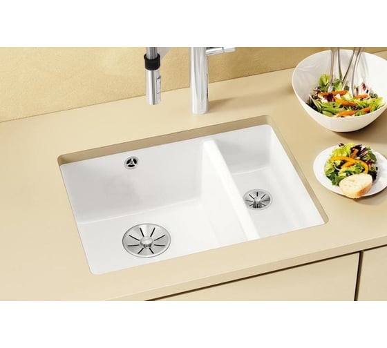 Мойка Blanco SUBLINE 350 150 U керамика PuraPlus, глянцевый, магнолия, с отводной арматурой InFino 523742