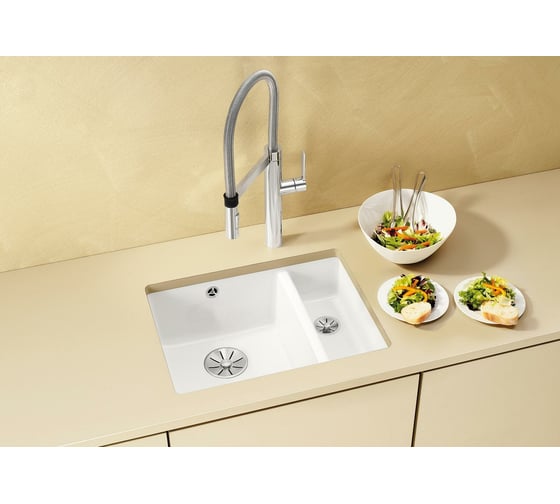 Мойка Blanco SUBLINE 350 150 U керамика PuraPlus, глянцевый, магнолия, с отводной арматурой InFino 523742