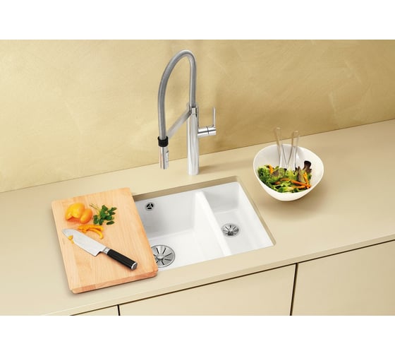 Мойка Blanco SUBLINE 350 150 U керамика PuraPlus, глянцевый, магнолия, с отводной арматурой InFino 523742