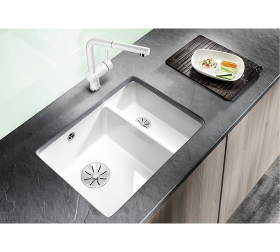 Мойка Blanco SUBLINE 350 150 U керамика PuraPlus, глянцевый, магнолия, с отводной арматурой InFino 523742