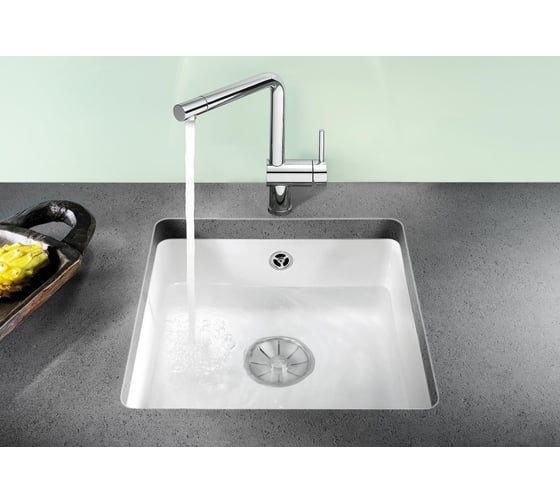 Мойка Blanco SUBLINE 375 U керамика PuraPlus, глянцевый, белый, с отводной арматурой InFino 523726