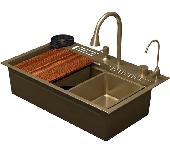 Кухонная мойка многофункциональная DQ нержавеющая сталь матовое золото в комплекте со смесителем и ак DKS754607