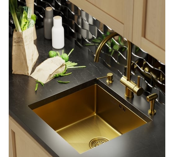 Мойка для подстольного монтажа MIXLINE PRO 45x42х20 см, толщина 3 мм, выпуск 3 1/2, с сифоном, золото 548566