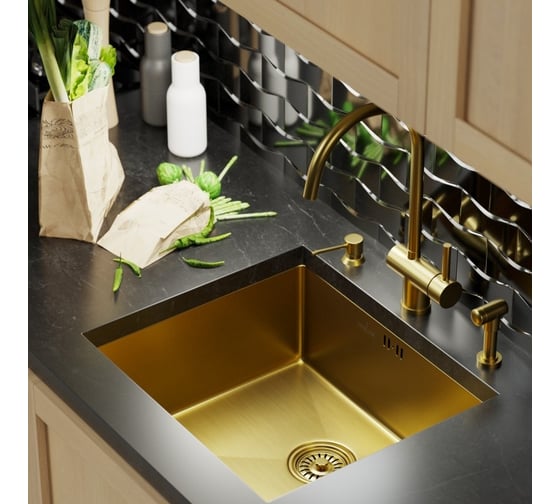 Мойка для подстольного монтажа MIXLINE PRO 50x44х20 см, толщина 3 мм, выпуск 3 1/2, с сифоном, золото 548570