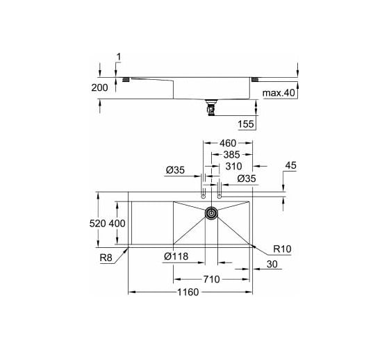 Мойка из нержавеющей стали GROHE K1000 80-S 116/52 1.0 с корзинчатым вентилем 31582SD1