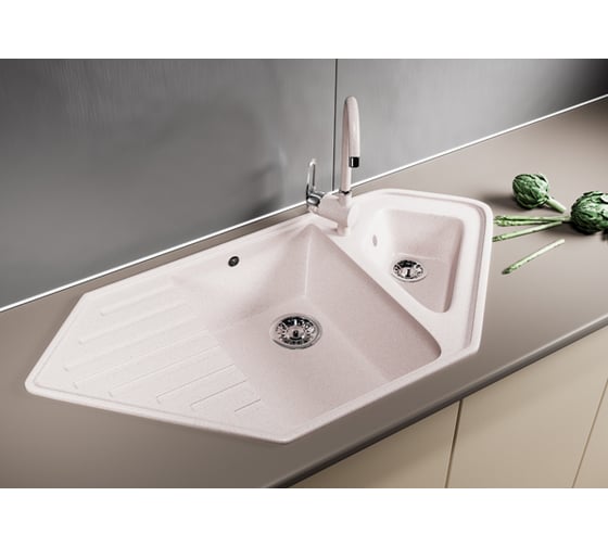 Мойка MIXLINE ML-GM25 угловая двухчашевая с крылом, светло-розовая 311, 500х970х200 мм 525204