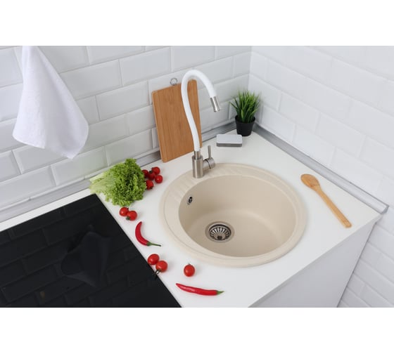 Мойка Alcora Черая 490*490 мм, матовая бежевая с сифоном S-3/05 1