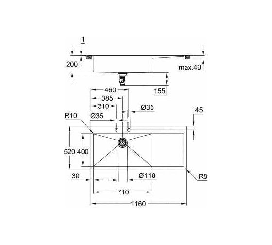 Мойка GROHE K1000 80-S 116х52 см, толщина стали 1.0, чаша слева 31581SD1