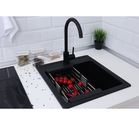 Мойка Alcora Гала 450х510 мм, глянцевая черная с сифоном S-10/L01