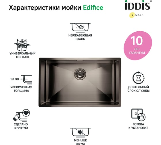 Мойка IDDIS Edifice нержавеющая сталь, универсального монтажа, графит 740x440 EDI74G0i77