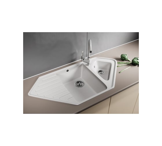 Угловая мойка MIXLINE ML-GM25 двухчашевая, с крылом, молоко 341, 500x970x200 мм 532406