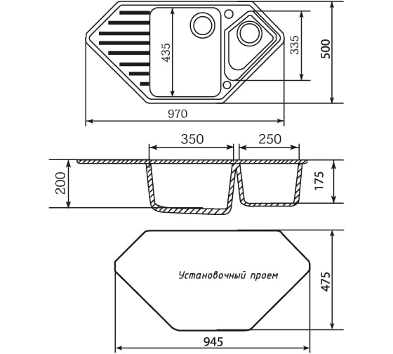 Угловая мойка MIXLINE ML-GM25 двухчашевая, с крылом, черная 308, 500x970x200 мм 525202