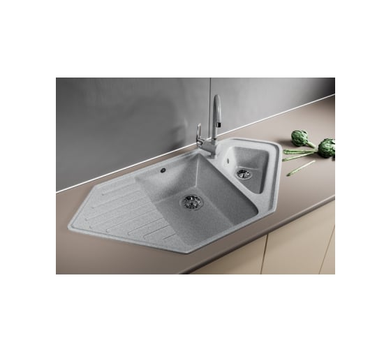 Угловая мойка MIXLINE ML-GM25 двухчашевая, с крылом, серая 310, 500x970x200 мм 525201