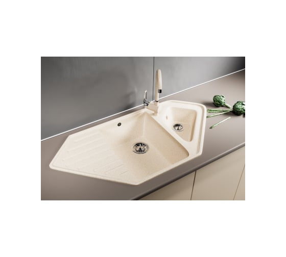 Угловая мойка MIXLINE ML-GM25 двухчашевая, с крылом, бежевая 328, 500x970x200 мм 525206