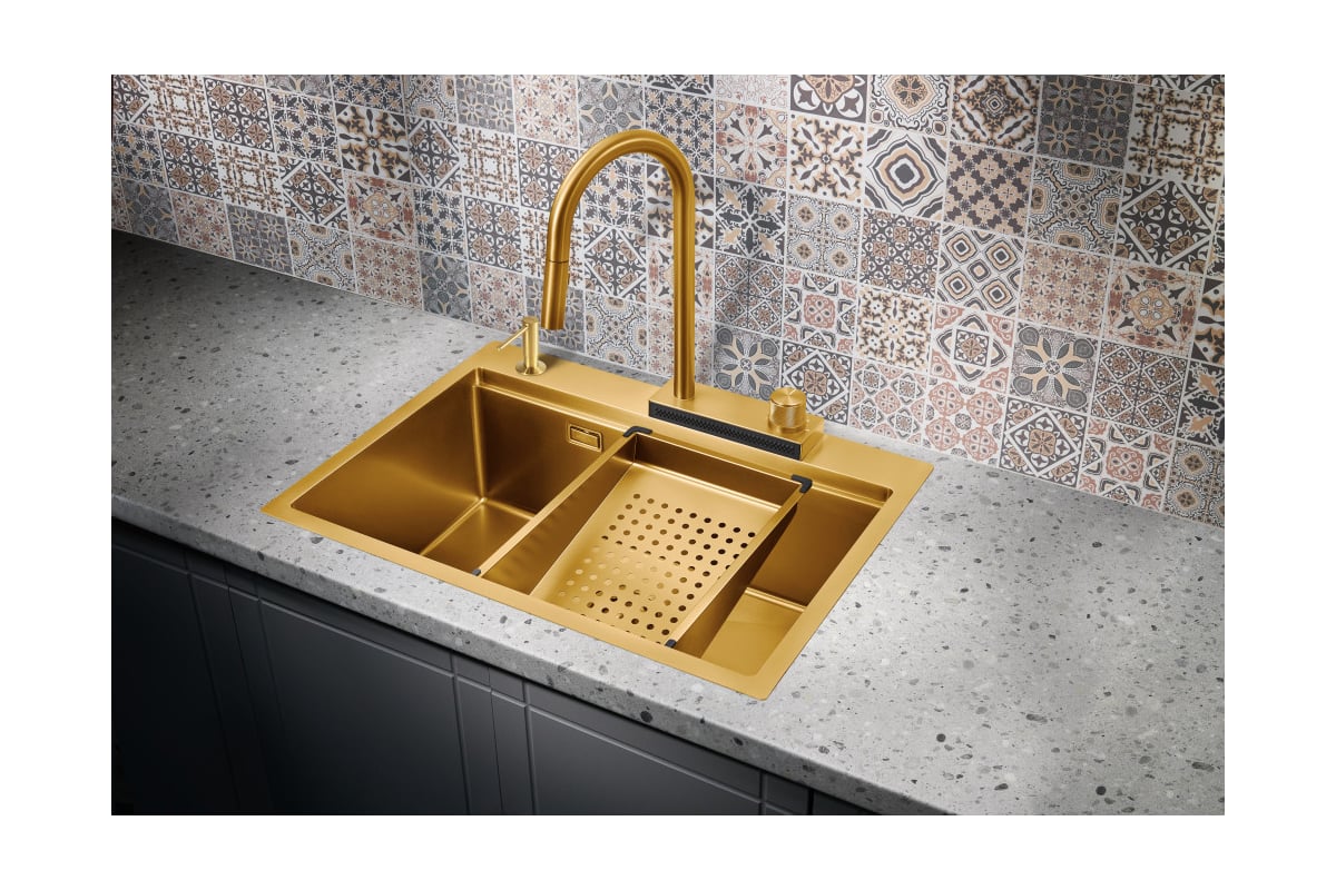 Кухонная мойка со смесителем MILACIO Denia 68 Steel золото MC.77418 ...