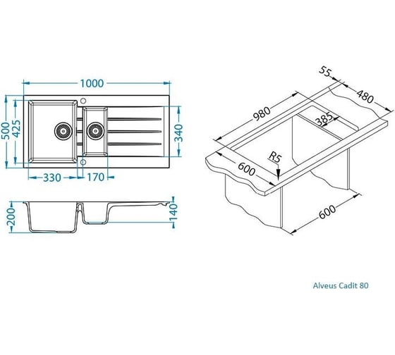 Мойка ALVEUS granital cadit 80 arctic - g11 1000x500 в компл с сифоном 1140599