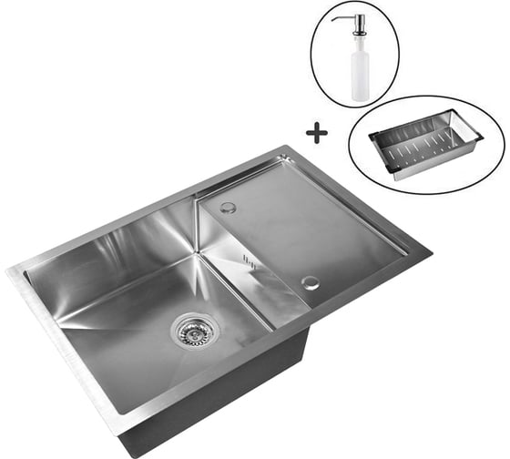 Кухонная мойка из нержавеющей стали WISENT ws37850x (78x50 см) с металлическим коландером и дозатором WS37850X/W30460/W405A/WGER010 1