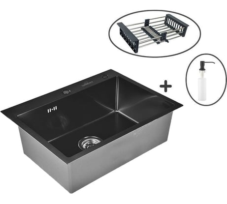 Комплект кухонная мойка из нержавеющей стали WISENT ws37050b с pvd покрытием (70x50 см) с раздвижным коландером и дозатором WS37050B/WGER019B/W405B/W302644B