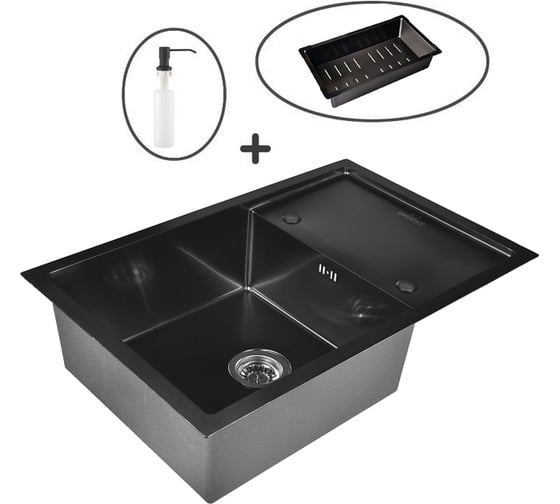 Кухонная мойка из нержавеющей стали WISENT ws37850b-x с pvd покрытием (78x50 см) с металлическим коландером и дозатором WS37850B-X/W30460B/W405B/WGER010 1