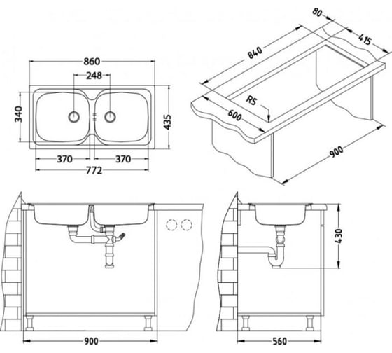 Мойка ALVEUS basic 70 nat-60 860x435 в комплекте с сифоном 1008846