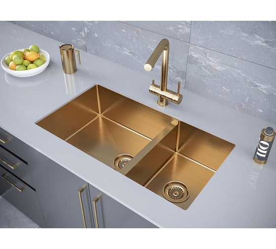 Кухонная мойка Paulmark AISI304 ALLER 78/2S UN, брашированное золото, 780х440мм, PM527844-BG