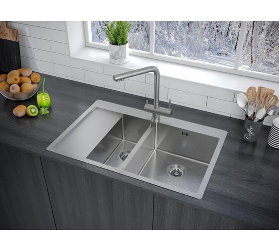 Кухонная мойка Paulmark KRONER 78/2SF, брашированная нержавеющая сталь, правая, 780х510мм, PM227851-BSR