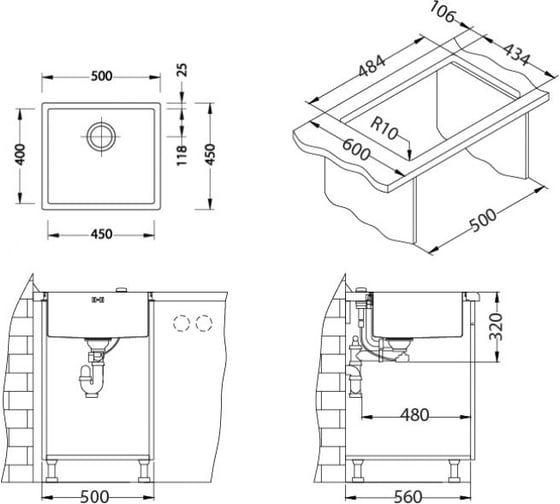 Мойка ALVEUS quadrix 40 brs-90 500x450x200 в комплекте с сифоном 1102605