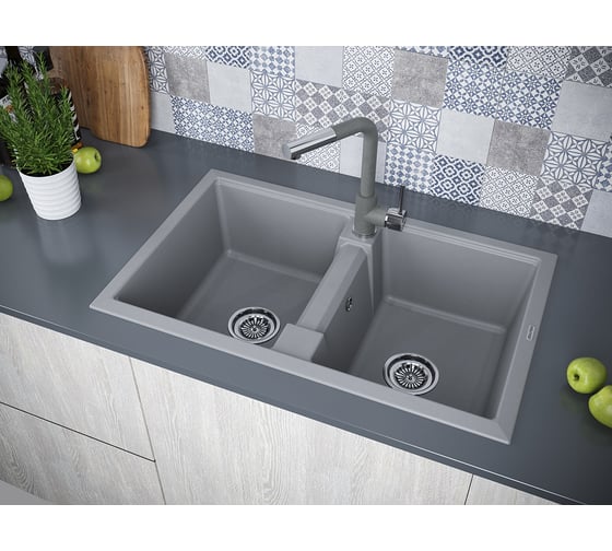 Гранитная мойка Paulmark TANDEM 80/2 серый металлик, 810x500 мм PM238150-GRM