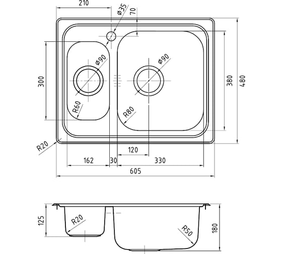 Мойка IDDIS Strit S, нерж. сталь, полир., 1 1/2, чаша справа, 605*480, ID STR60PZi77