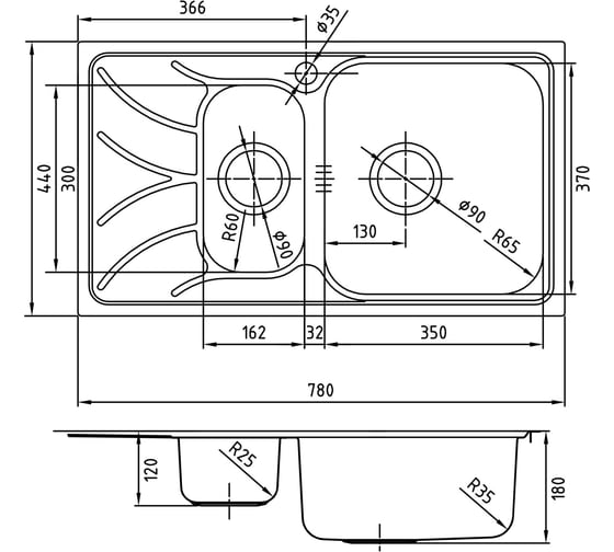 Мойка IDDIS Arro S, нерж. сталь, полир., 1 1/2, чаша справа, 780х440, ID ARR78PZi77