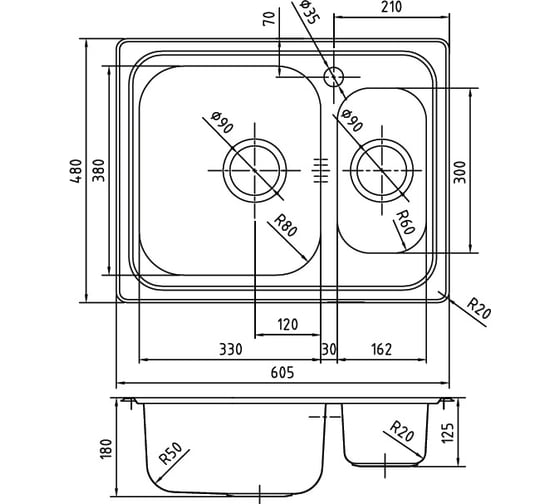 Мойка IDDIS Strit S, нерж. сталь, шелк, 1 1/2, чаша слева, 605х480, ID STR60SXi77