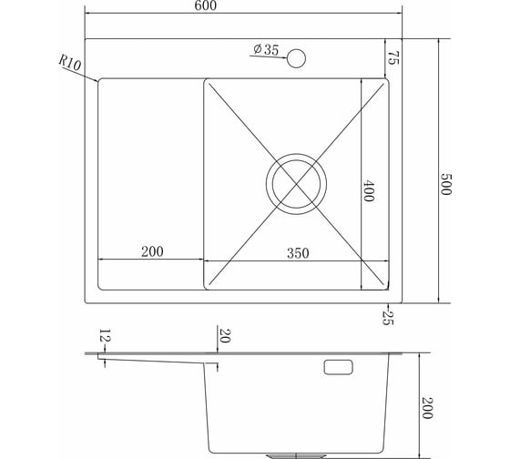 Мойка MIXLINE 60x50 (3,0) правая, выпуск 3 1/2, pro 20см с сифоном (сатин) 551876