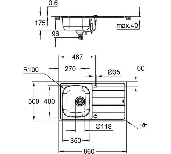 Мойка Grohe с корзинчатым вентилем, нержавеющая сталь 1.0 K200 45-S 86/50 31552SD1