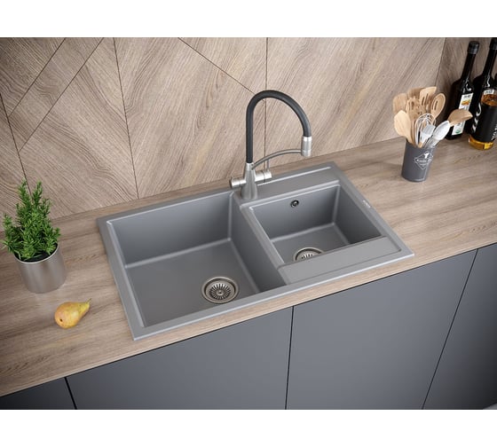 Гранитная мойка Paulmark TANDEM 80/1,5 серый металлик, 820x500 мм PM238250-GRM