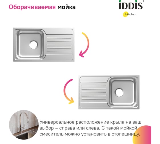 Мойка из нержавеющей стали IDDIS Sound полированная, с крылом, 780x440x180 мм SND78PDi77