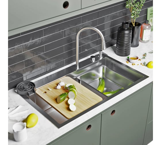 Мойка MIXLINE настольный монтаж 75x46 (3,0), выпуск 3 1/2 pro 21,5см с сифоном+дозатор+смеситель552103