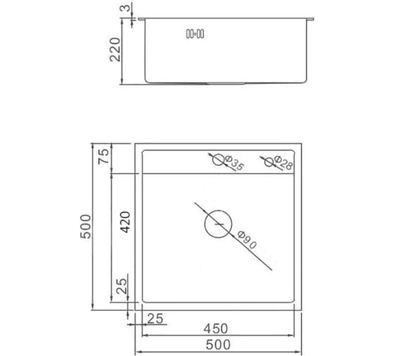Кухонная мойка из нержавеющей стали WISENT с pvd покрытием с сифоном 5050b (50x50см) WS35050B/WGER019B