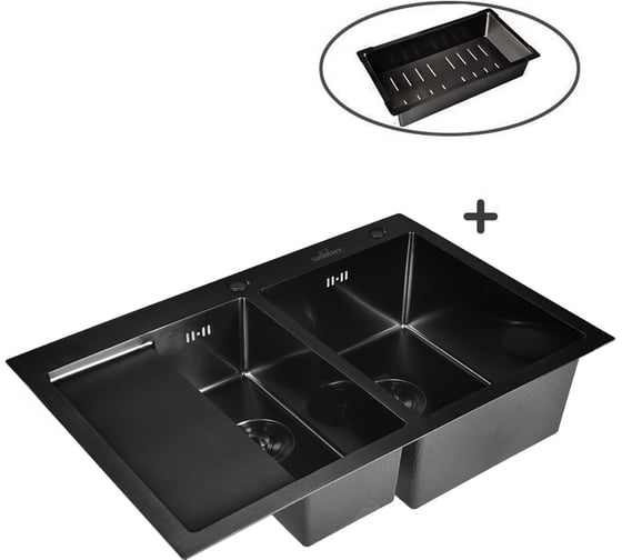 Комплект кухонная мойка из нержавеющей стали 7851b-sr с pvd покрытием (78x51см) с металлическим коландером WISENT WW37851B-SR/W30360B 1