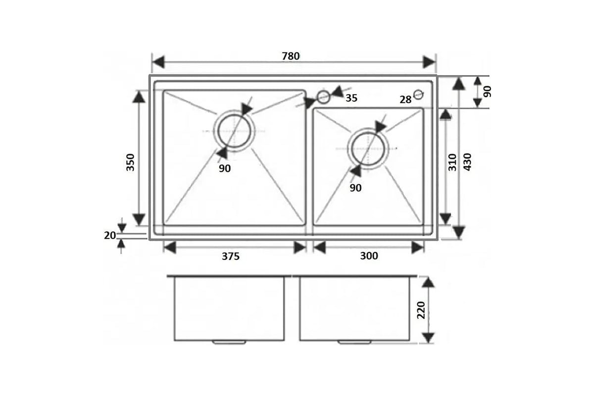 Кухонная мойка из нержавеющей стали с сифоном 7843-s (78x43см) WISENT  W37843-S/WGER011 - выгодная цена, отзывы, характеристики, фото - купить в  Москве и РФ