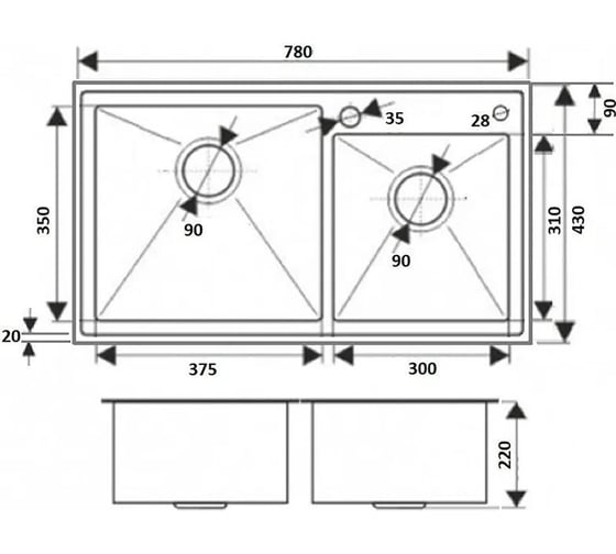Кухонная мойка из нержавеющей стали WISENT с pvd покрытием с сифоном 7843b-s (78x43см) WS37843B-S/341-11-24