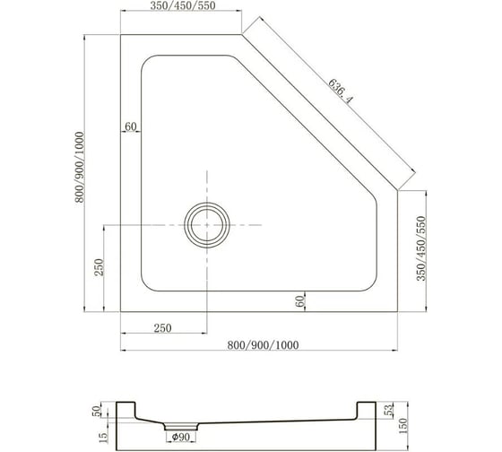 Душевой поддон Veconi Tezeo acrylic TZ-53, 1000x1000x150, акрил, белый TZ53-100-C5