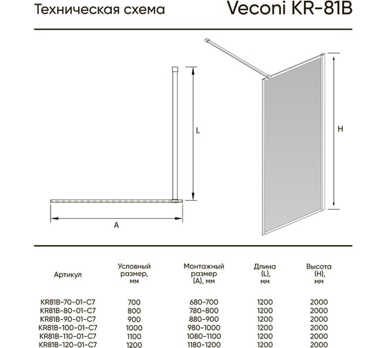 Душевая перегородка Veconi Korato KR-81B, 1200x2000, черный, стекло прозрачное KR81B-120-01-C8