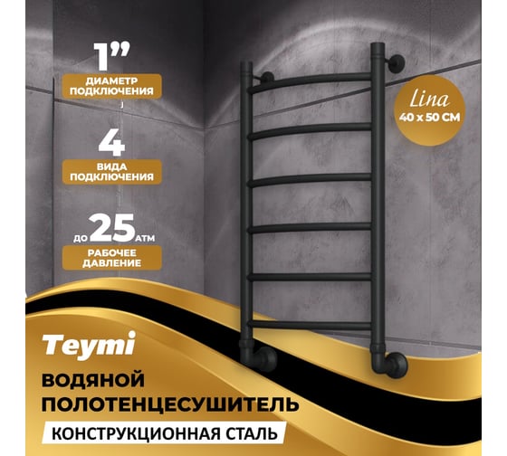 Водяной полотенцесушитель Teymi Lina П6 40x80, наружная резьба 1", с комплектом K1, черный матовый W80160 ЦБ-00268638